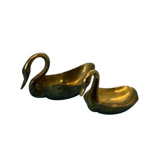 VTG Solid Brass Pair of Swan Trinket Dish Set Gold Mid Century Modern Regency